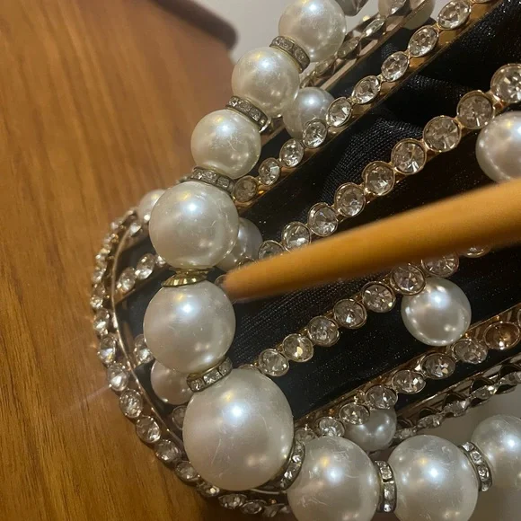 Metallic Cage Evening Bag with Pearls & Rhinestones Bucket Clutch Purse - Picture 12 of 14